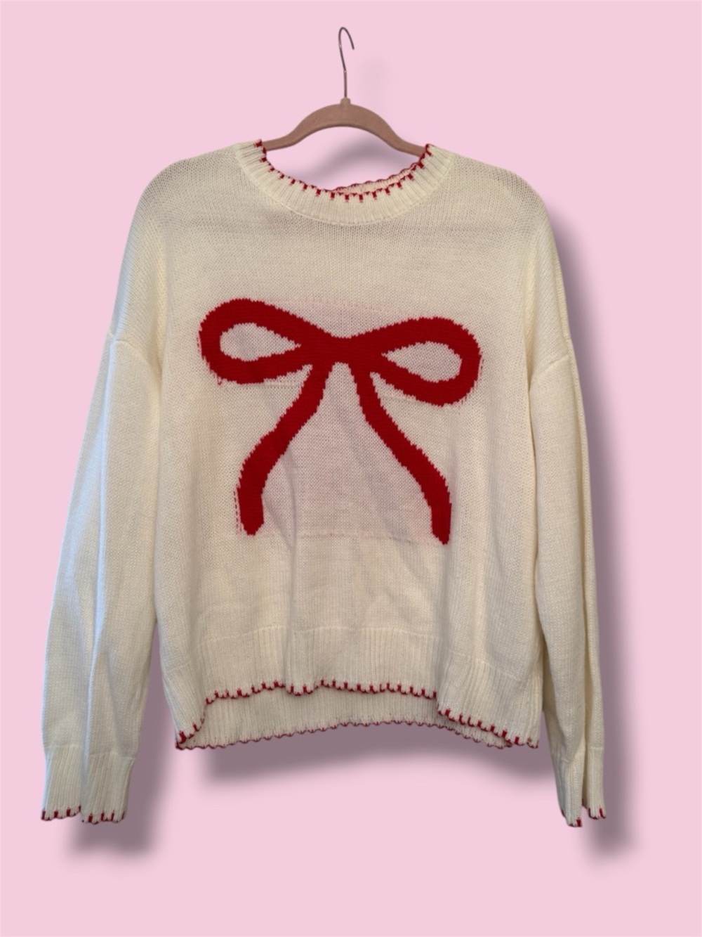 Cream Sweater with Red Bow Accent - Women